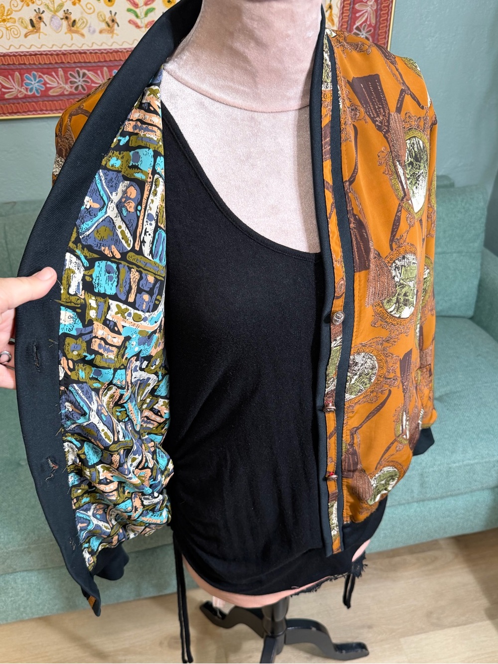 Vintage reversible Orange Printed abstract blue lightweight Bomber Jacket with L